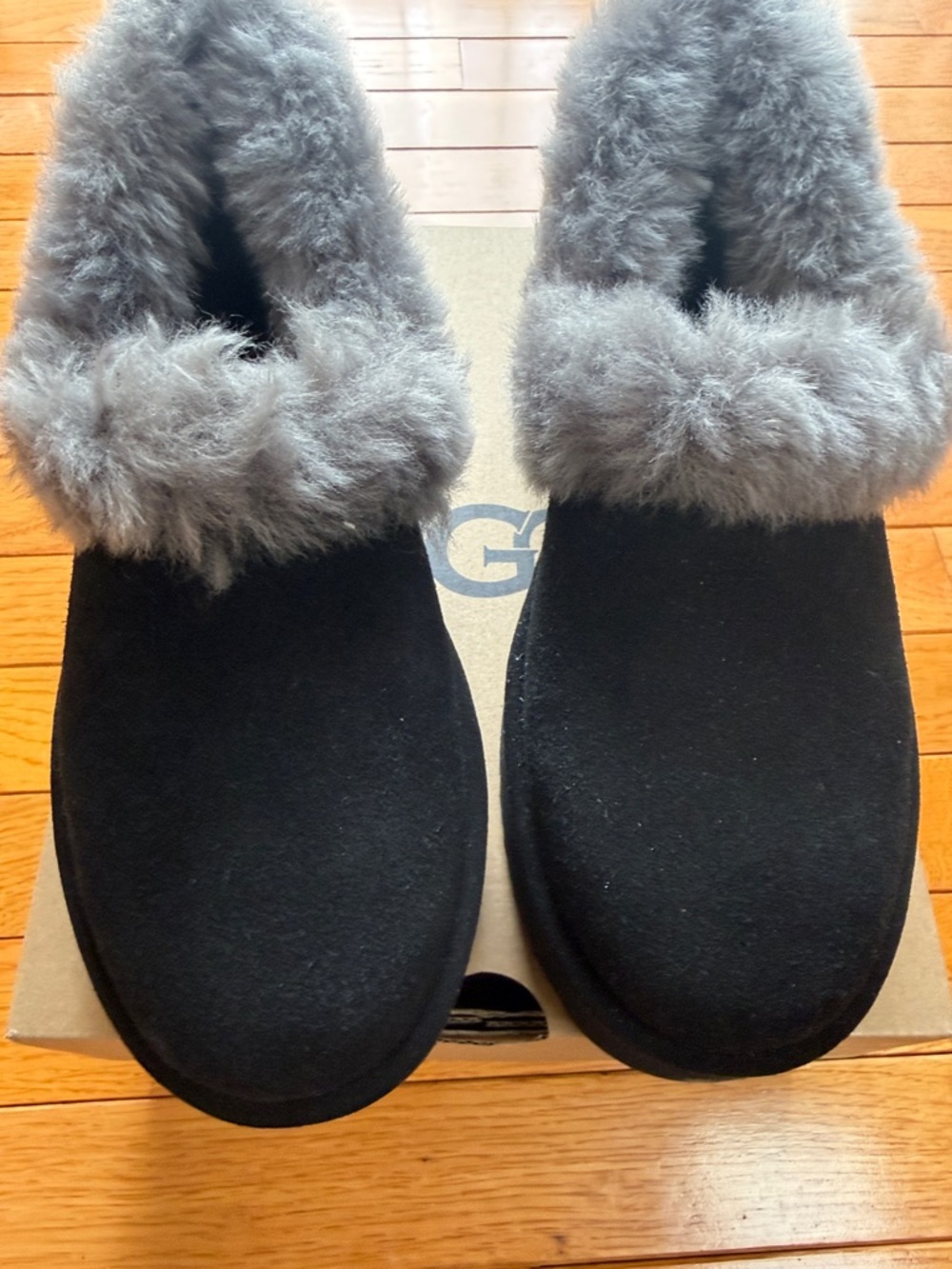 UGG Black Suede Slippers with Gray Shearling Cuff